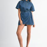 Indigo Denim Short Sleeve Collar Wrap-style Mini Dress
