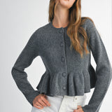 Charcoal LS Button Down Peplum Knit Cardigan