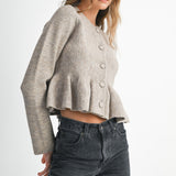 Lt Mocha LS Button Down Peplum Knit Cardigan