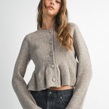 Lt Mocha LS Button Down Peplum Knit Cardigan