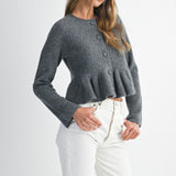 Charcoal LS Button Down Peplum Knit Cardigan