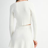 Cream Bow Tied Ribbed Knit Cardigan And Mini Skirt