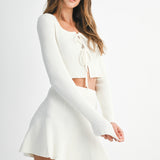Cream Bow Tied Ribbed Knit Cardigan And Mini Skirt