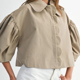 Taupe Puff Sleeve Scallop Peter Pan Collar Crop Jacket
