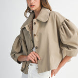 Taupe Puff Sleeve Scallop Peter Pan Collar Crop Jacket