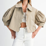 Taupe Puff Sleeve Scallop Peter Pan Collar Crop Jacket
