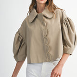 Taupe Puff Sleeve Scallop Peter Pan Collar Crop Jacket