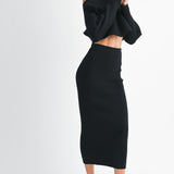 Black Crop Knit Top And Midi Skirt Set