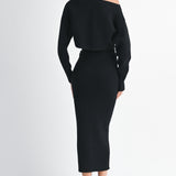 Black Crop Knit Top And Midi Skirt Set