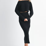 Black Crop Knit Top And Midi Skirt Set