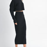 Black Crop Knit Top And Midi Skirt Set