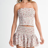 Taupe Floral Print Ruched Corset Top And Skirt Set