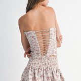 Taupe Floral Print Ruched Corset Top And Skirt Set