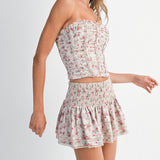 Taupe Floral Print Ruched Corset Top And Skirt Set