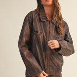 Rustic Brown Washed Leather Zip Up Jacket