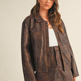 Rustic Brown Washed Leather Zip Up Jacket