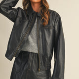 Black Washed Leather Zip Up Jacket