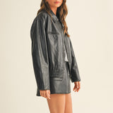 Black Washed Leather Zip Up Jacket