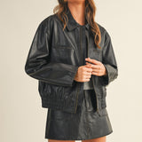 Black Washed Leather Zip Up Jacket