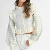 Cream Floral Print Ruffle Detail Knit Cardigan