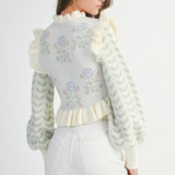 Cream Floral Print Ruffle Detail Knit Cardigan