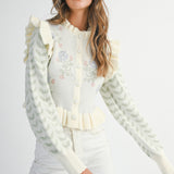 Cream Floral Print Ruffle Detail Knit Cardigan