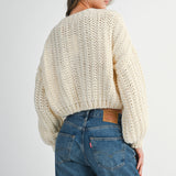 Cream Chunky Knit V Neck Wood Button Down Cardigan