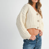 Cream Chunky Knit V Neck Wood Button Down Cardigan