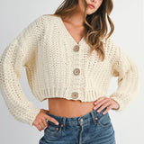 Cream Chunky Knit V Neck Wood Button Down Cardigan