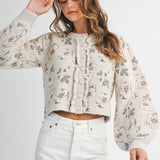 Lt Taupe Floral Jacquard Knit Button Down Cardigan Jacket