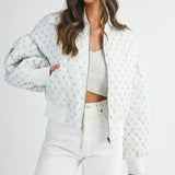 Blue Bow Ribbon Print Oversized Bomber Jacket