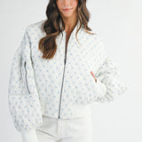 Blue Bow Ribbon Print Oversized Bomber Jacket