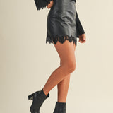 Black Scalloped Lace Trim Vegan Leather Skirt