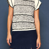 Ivory-Black Ruffled Sleeve Knit Top