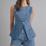 Camille Button Front Denim Vest - M Denim
