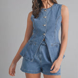 Camille Button Front Denim Vest - M Denim