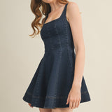 Indigo Square Neck Seamed Fit-And-Flare Dress