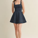 Indigo Square Neck Seamed Fit-And-Flare Dress