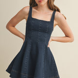 Indigo Square Neck Seamed Fit-And-Flare Dress