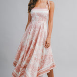 Dusty Pink Border Print Hankerchief-hem Midi Dress