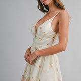 Cream Floral Print Deep V Neck Adjustable Strap Dress