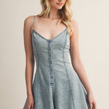 Washed Denim Button-Front Fit & Flare Romper