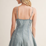 Washed Denim Button-Front Fit & Flare Romper
