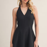 Black Plunging Halter Neck A-line Dress