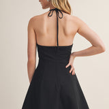Black Plunging Halter Neck A-line Dress