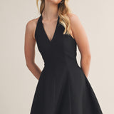 Black Plunging Halter Neck A-line Dress
