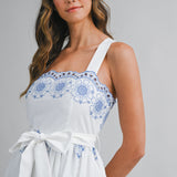 Blue Eyelet Embroidered Cross Back Strap Midi Dress