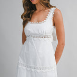 Off White Crochet Lace Trim Sleeveless Tiered Mini Dress