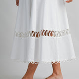 Off White Cotton Linen Mix Square Neckline Loop Trim Midi Dress