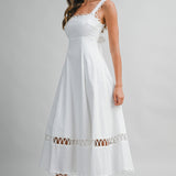 Off White Cotton Linen Mix Square Neckline Loop Trim Midi Dress